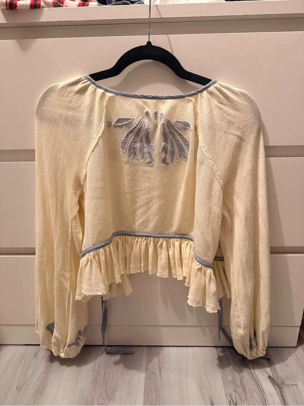 Free People Ivory and Light Blue Tie-Front Peasant Top